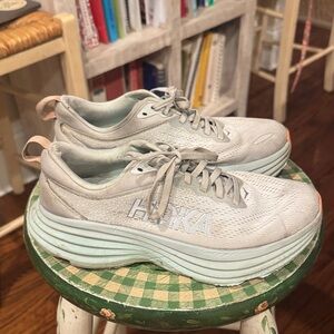 Hoka Bondi 8 Light Gray and Mint Sneakers